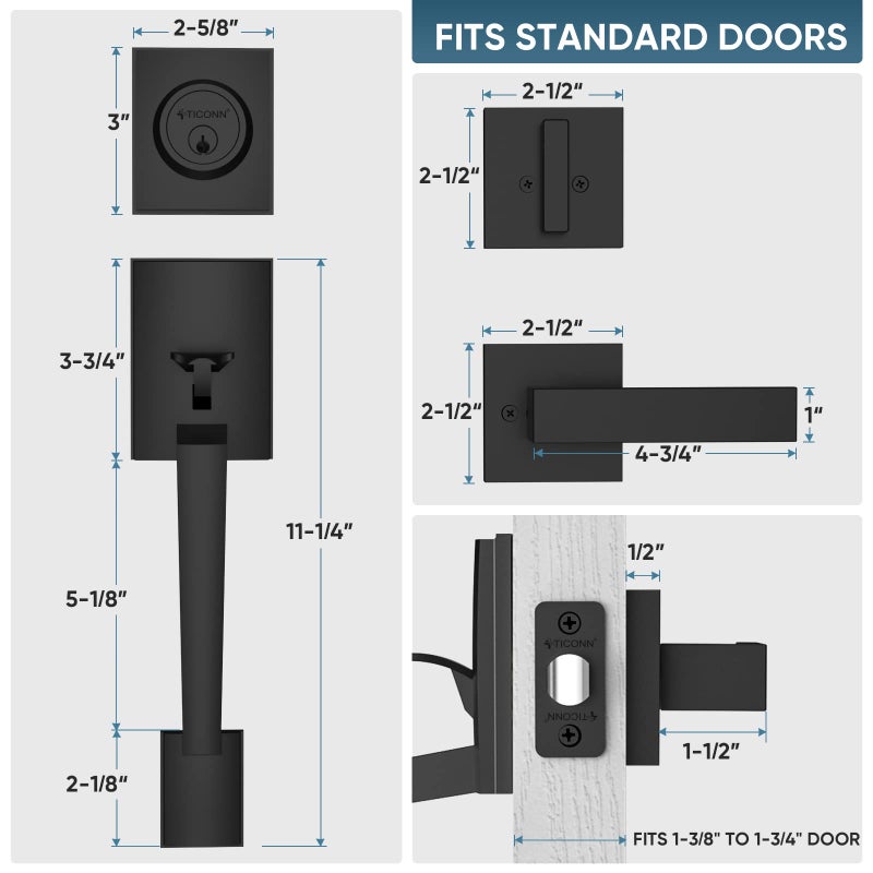 TICONN Front Door Handle Set  Heavy Duty Square Door Lever & Single Cylinder Deadbolt Combo Reversible for Entrance Exterior Doors (Matte Black) - Image 4